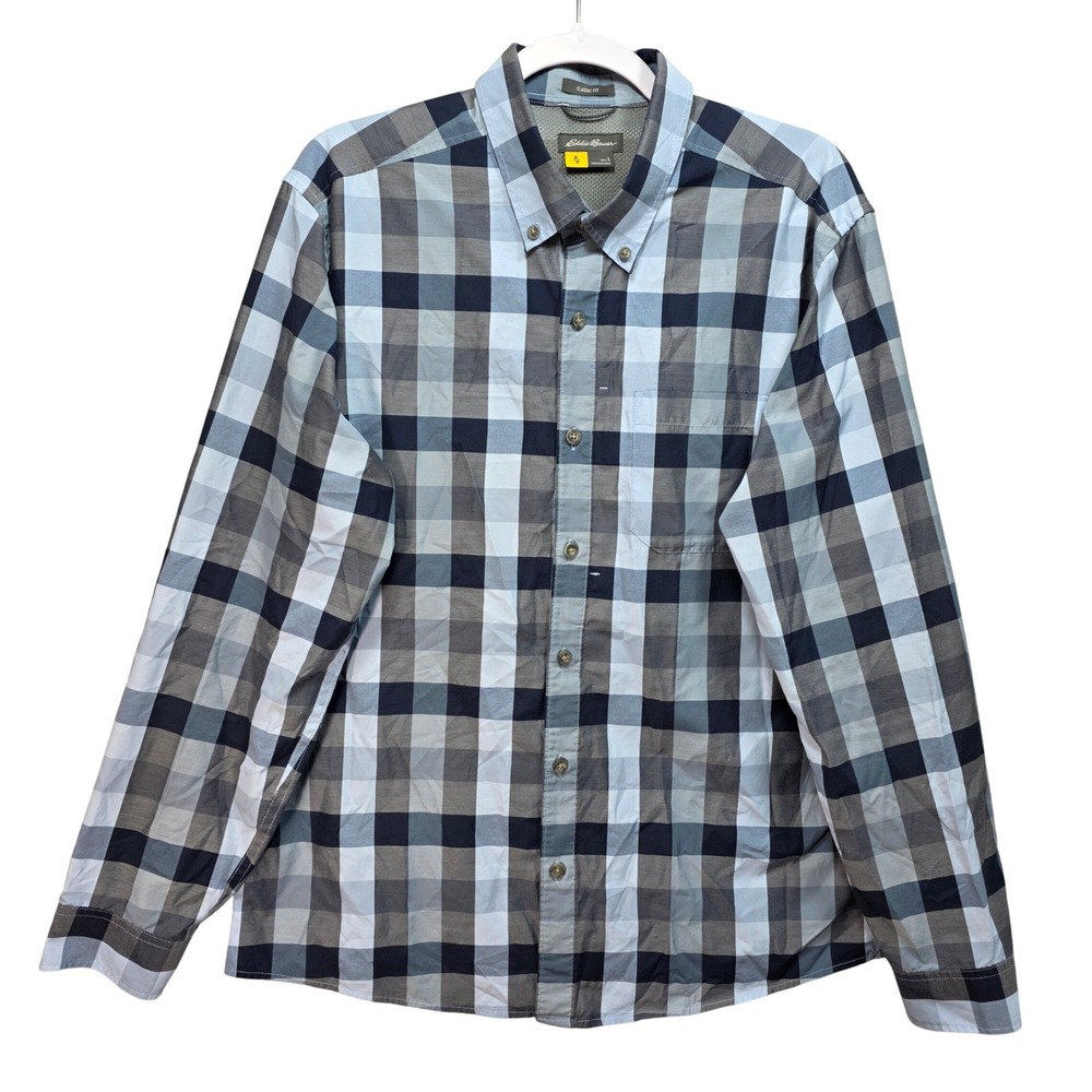 Eddie Bauer Travex Shirt Mens L Plaid Button Blue Classic Fit Hiking Gorpcore